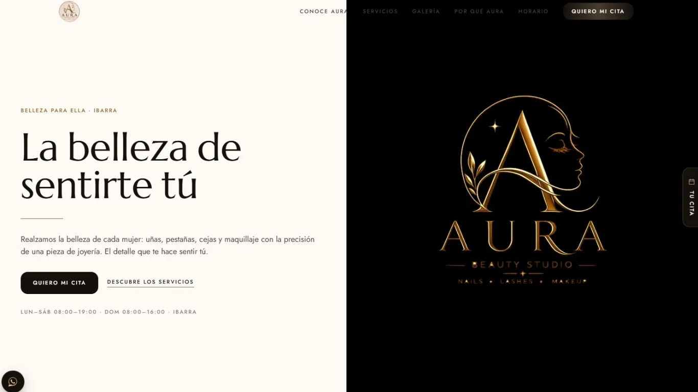 Landing page de Aura Beauty Studio: «La belleza de sentirte tú», con botón «Quiero mi cita»