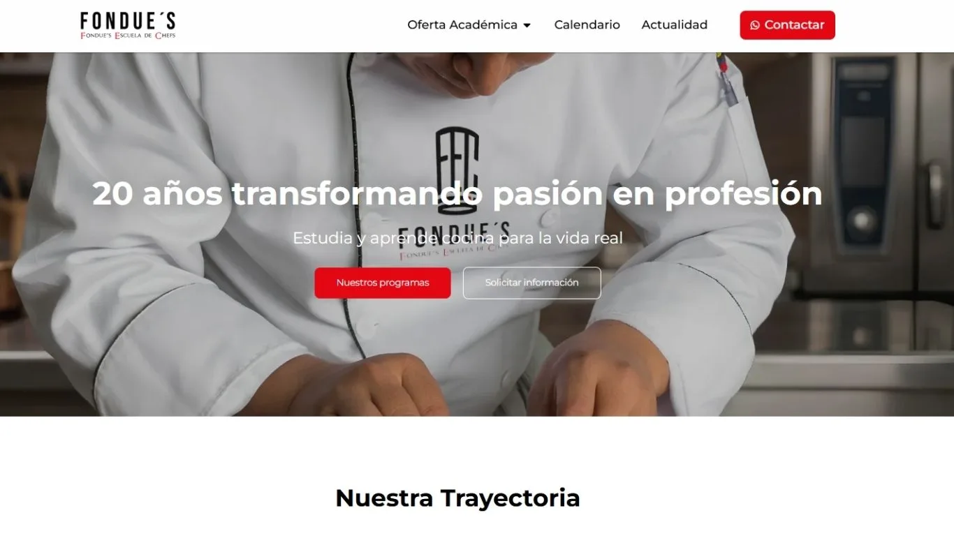 Landing page de Fondue's Escuela de Chefs: «20 años transformando pasión en profesión»