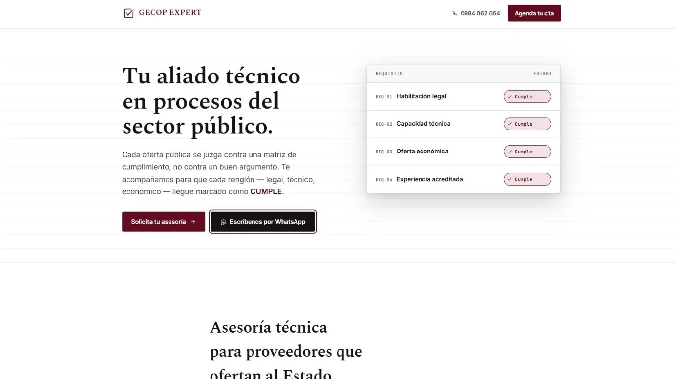 Landing page de Gecop Expert, asesoría técnica en procesos del sector público, con matriz de requisitos