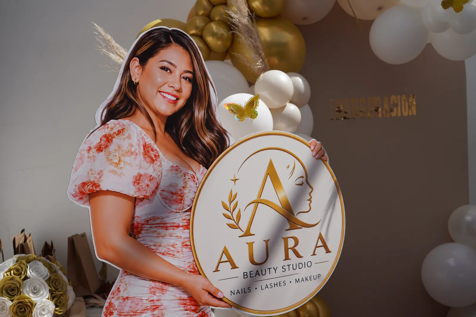 Figura de la propietaria sosteniendo el logo de Aura Beauty Studio junto al rótulo de inauguración