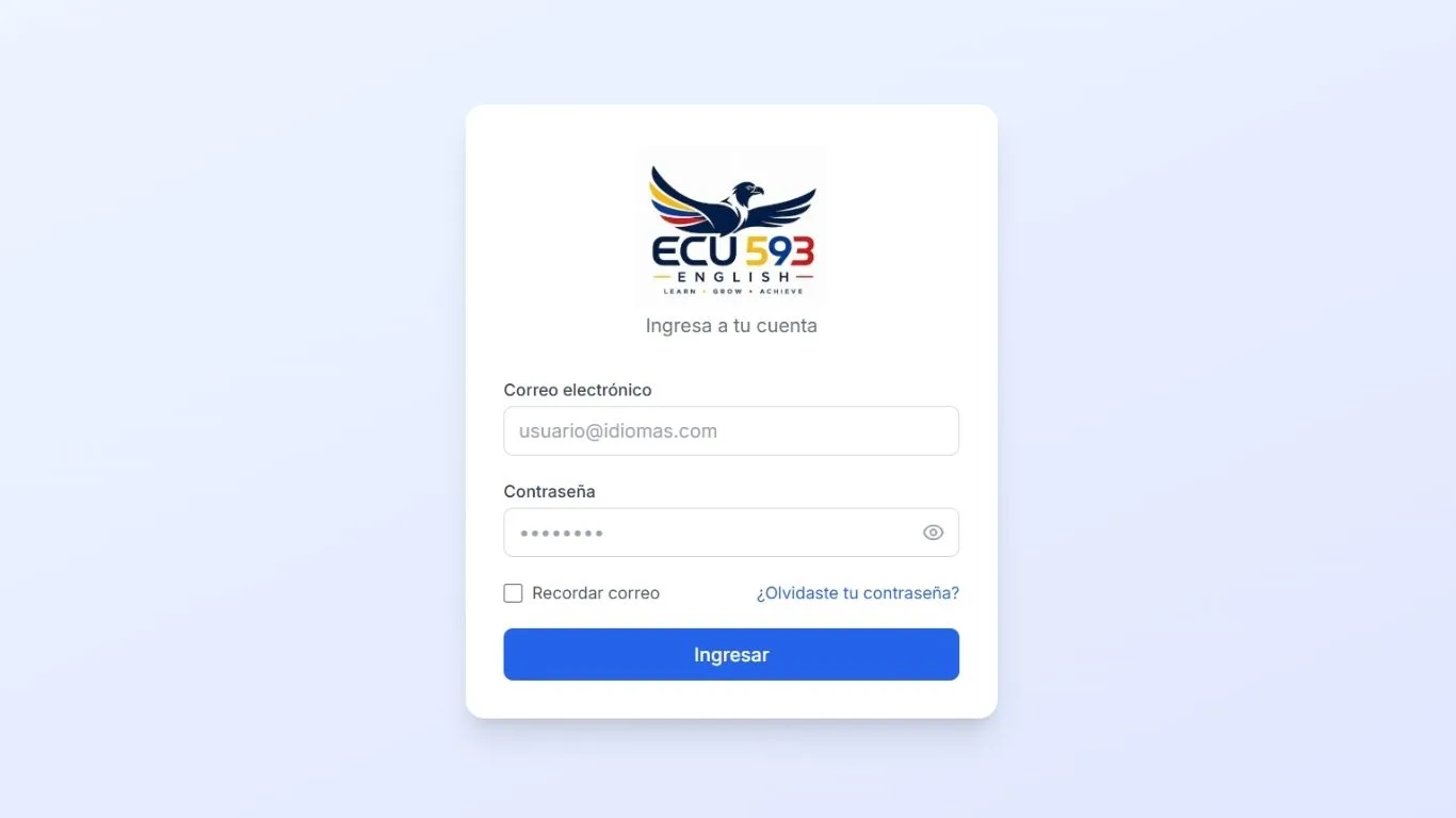 Pantalla de acceso del sistema académico de Ecu593 English