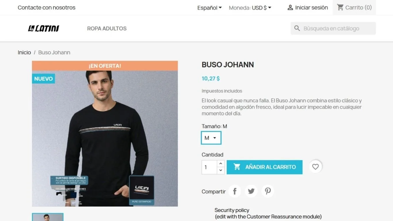 Ficha de producto de la tienda en línea de Latini, ropa para adultos, con talla, cantidad y carrito