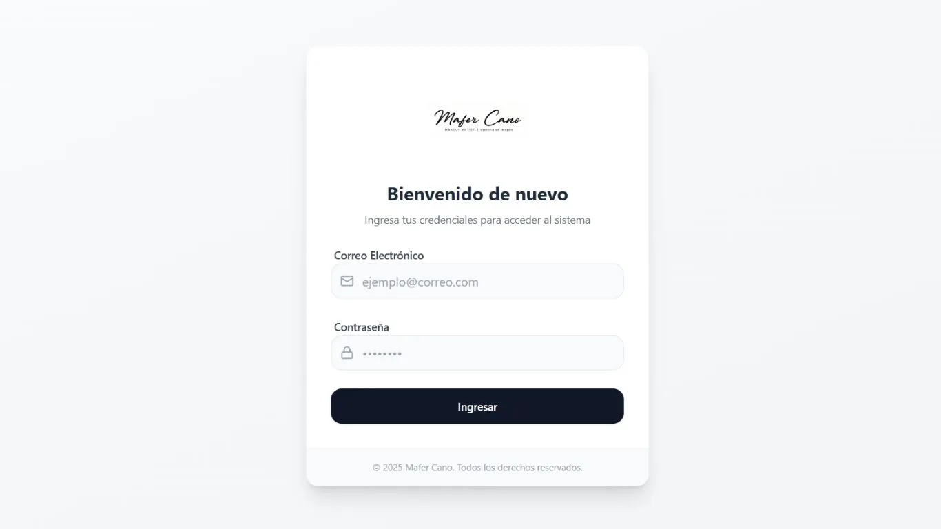 Pantalla de acceso del sistema de gestión de Mafer Cano, makeup artist