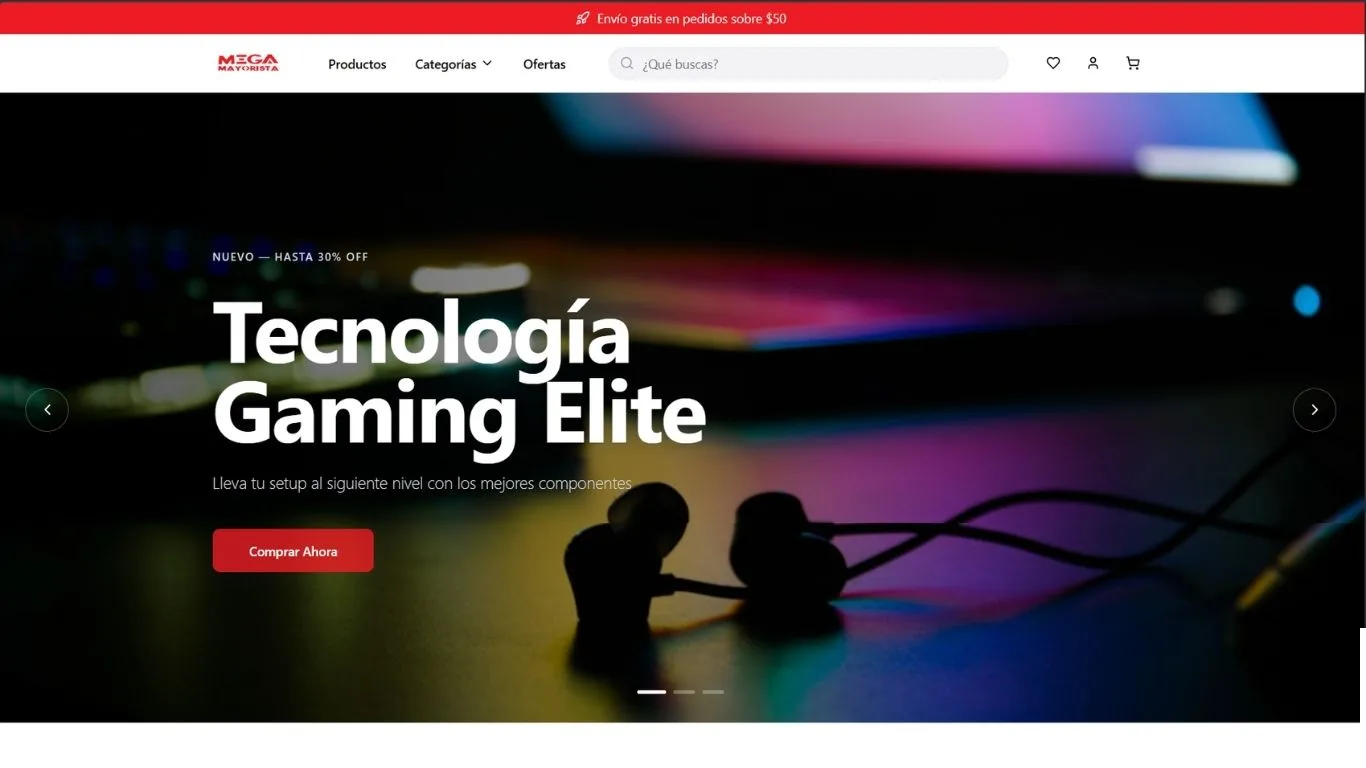 Portada de la tienda en línea de Mega Mayorista, e-commerce de tecnología gaming