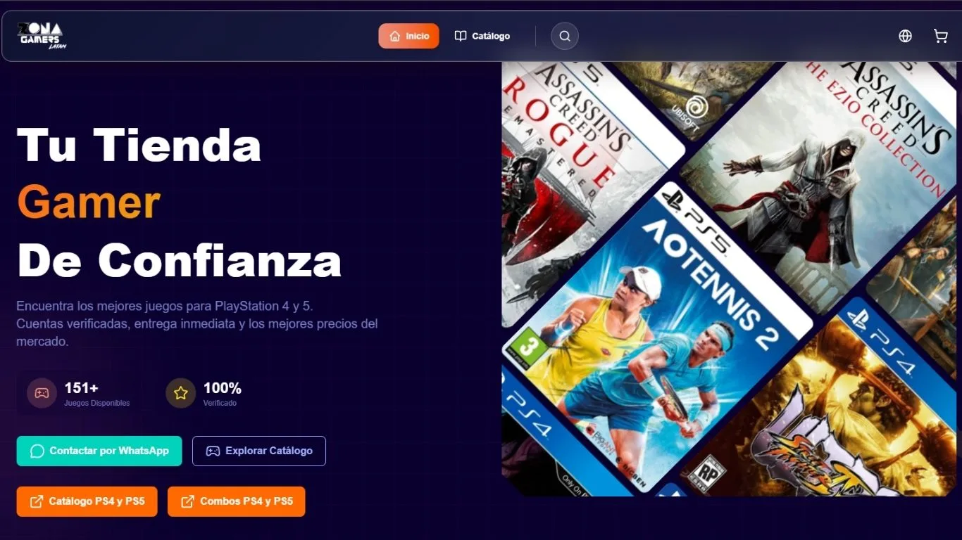 Portada de la tienda en línea de Zona Gamers: catálogo de juegos para PlayStation 4 y 5 con contacto por WhatsApp