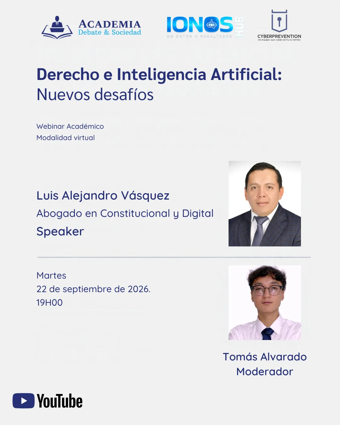 Cartel del webinar "Derecho e inteligencia artificial: nuevos desafíos", con Luis Alejandro Vásquez y Tomás Alvarado