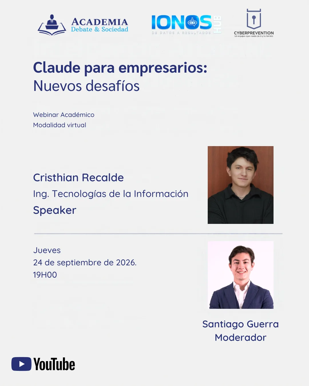 Cartel del webinar "Claude para empresarios: nuevos desafíos", con Cristhian Recalde y Santiago Guerra